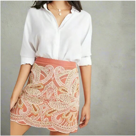 Anthropologie Beaded Mini Skirt 4 Pink Cotton Embroidered Boho Scallop Hem - Picture 8 of 10